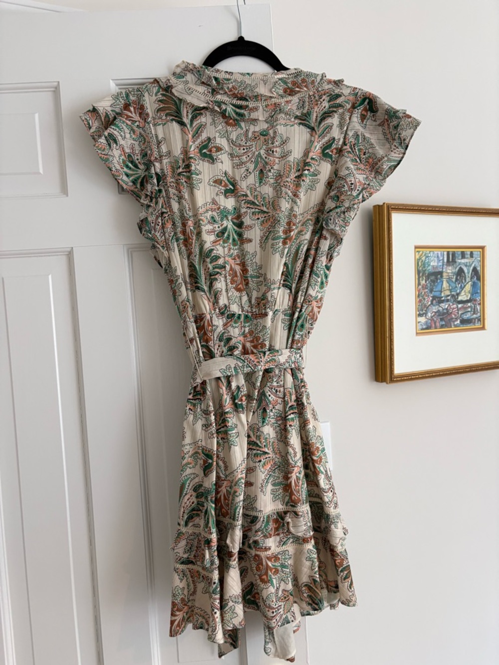 Veronica Beard Cream Paisley Wrap Mini Dress with Green & Brown Accents - Picture 2 of 6